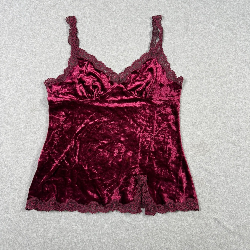 Express Vintage Y2K Womens Crushed Velvet Lace Trim Cami Top Burgundy Size Large